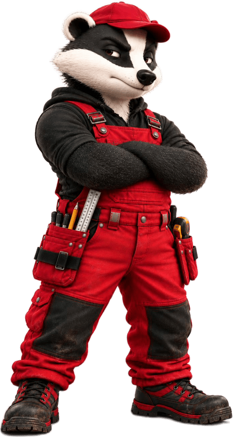 Marlo, ein Dachs mit roter Kappe, schwarzem Hoodie und roter Latzhose, mit verschränkten Armen