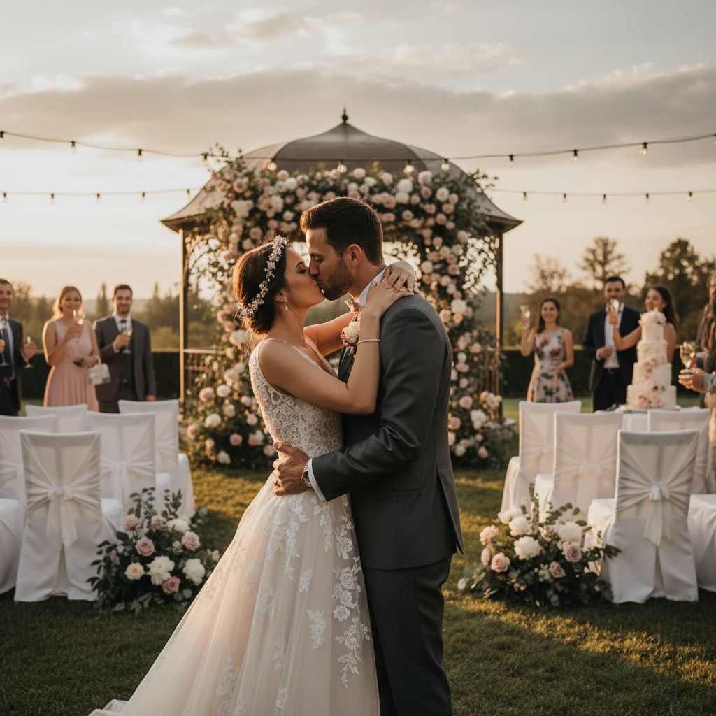 Wedding couple kissing under floral arch at outdoor ceremony