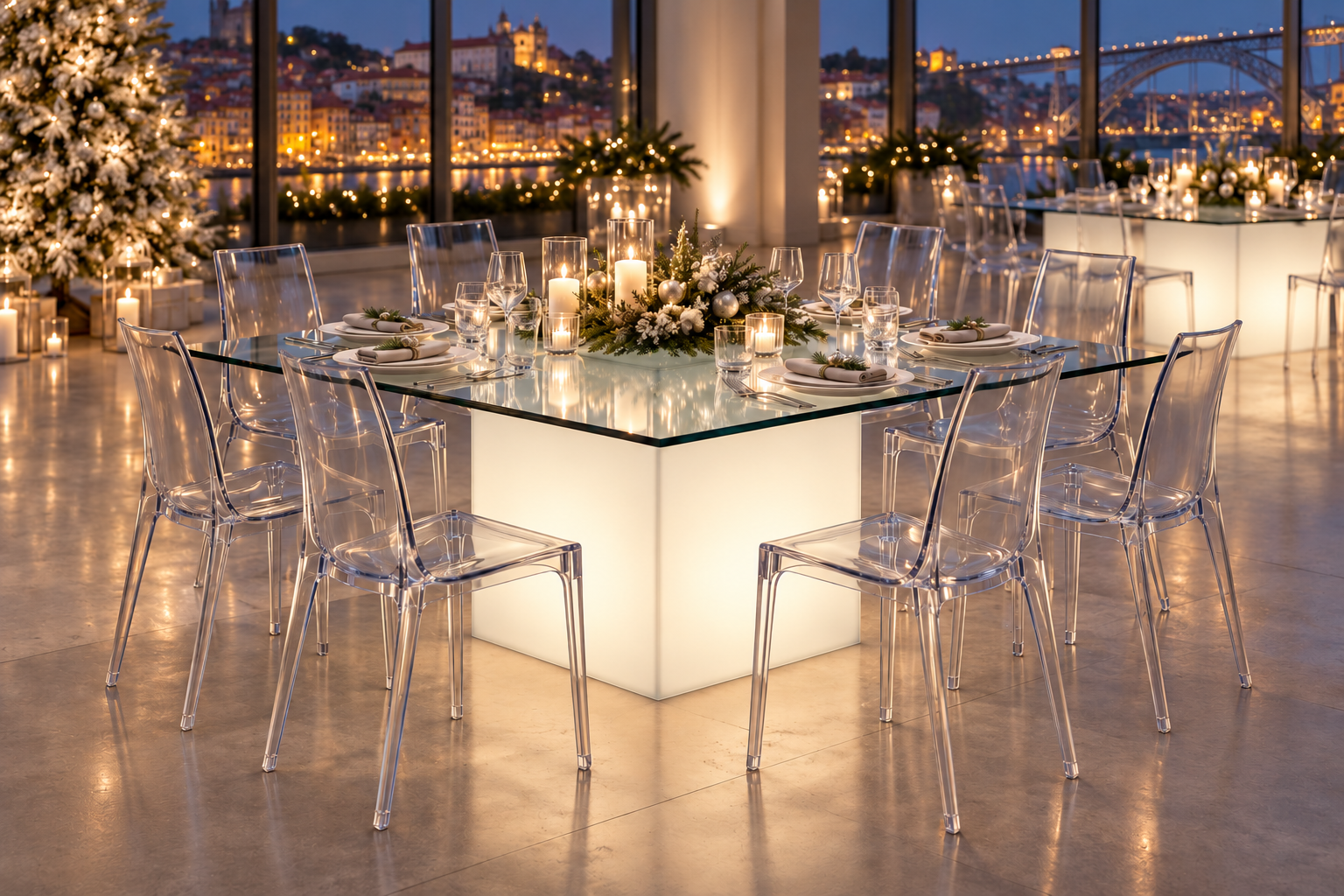 Mesa de vidro com base iluminada e cadeiras Vanity num cenário de Natal inspirado no Porto — imagem ilustrativa