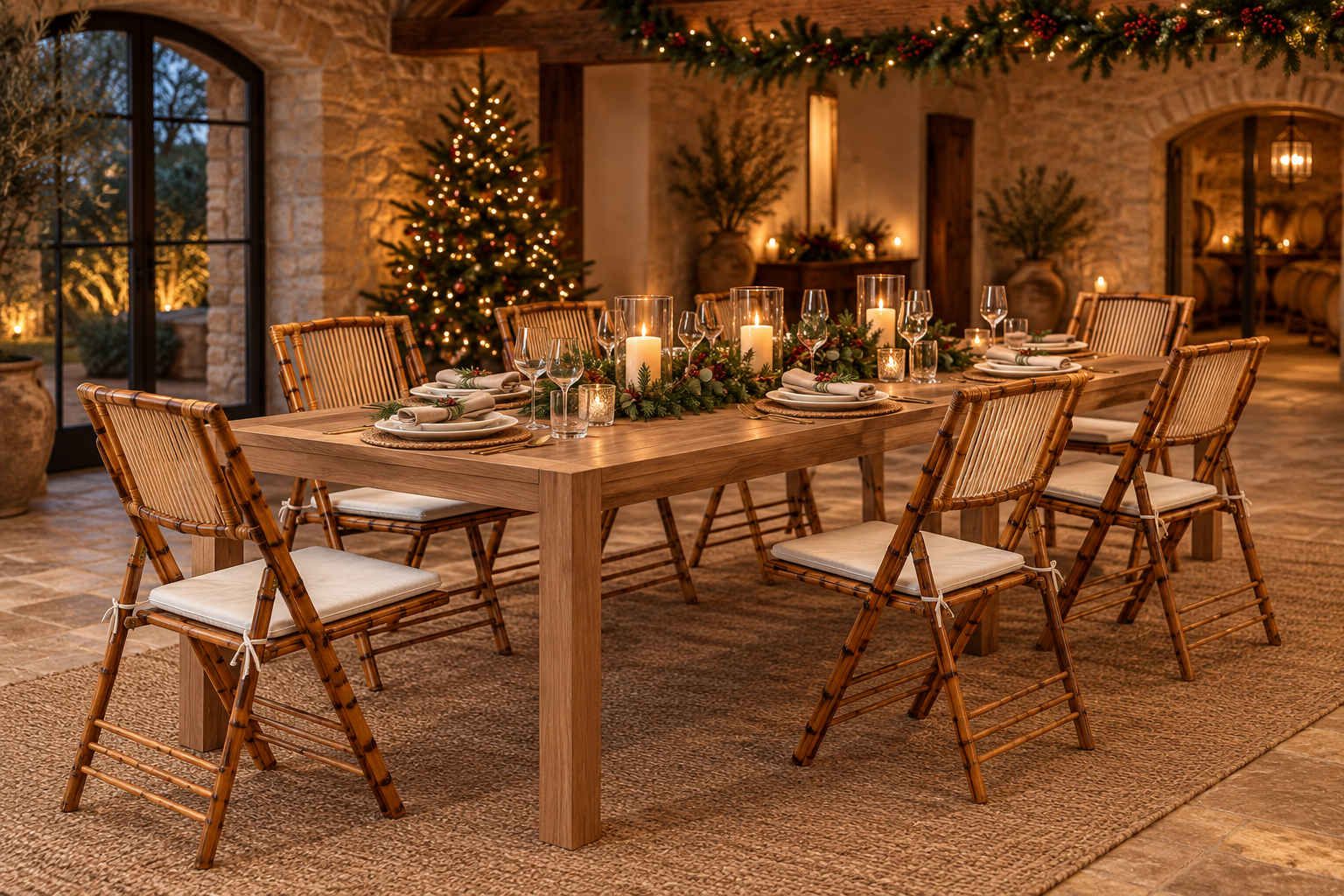 Mesa retangular de madeira 260 com cadeiras Bamboo num ambiente de Natal rústico — imagem ilustrativa