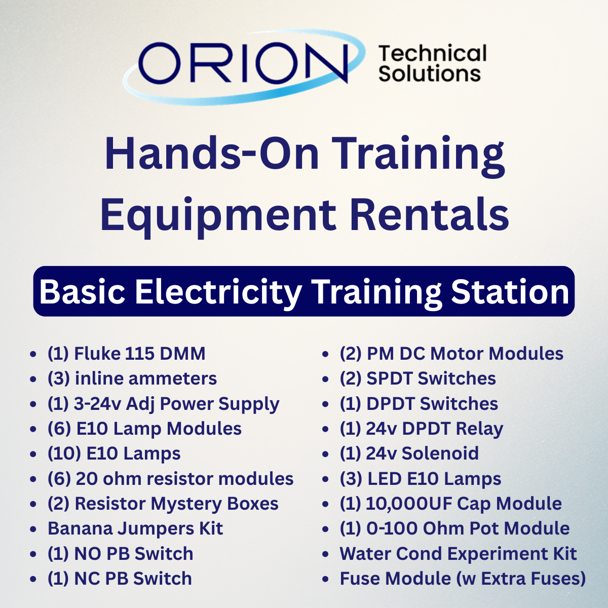 Electricity Rent Basic Electricity Rental Training Station | Orion Technical Solutions