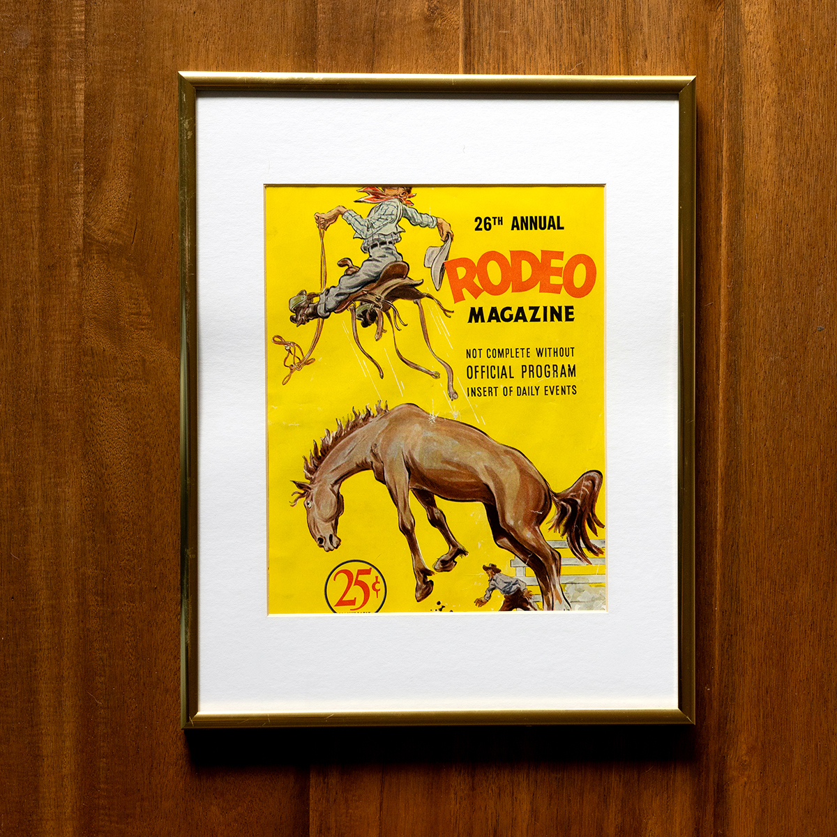 1951 Cover of Rodeo Magazine yellow cowboy, gold metal frame | Prop Haulin
