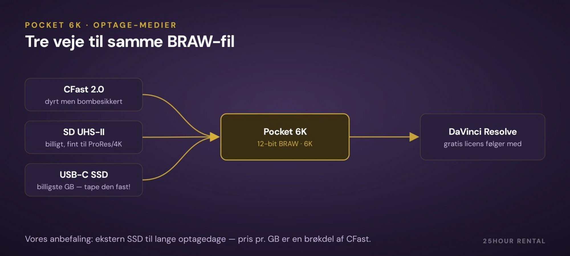 Tre optage-medier, samme BRAW-fil — ekstern SSD er den billigste GB.