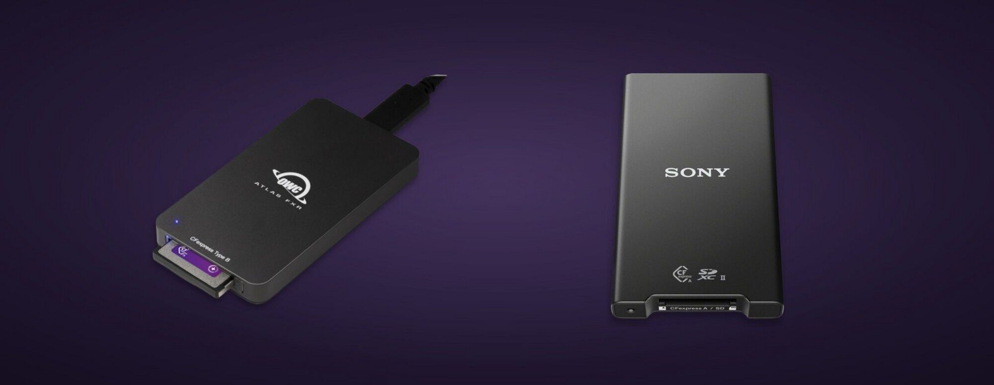 CFexpress-kortlæsere: Type B (OWC Atlas FXR) og Type A (Sony)