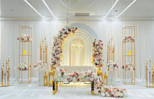 Wood & Gold Metal Arch Stage Decor