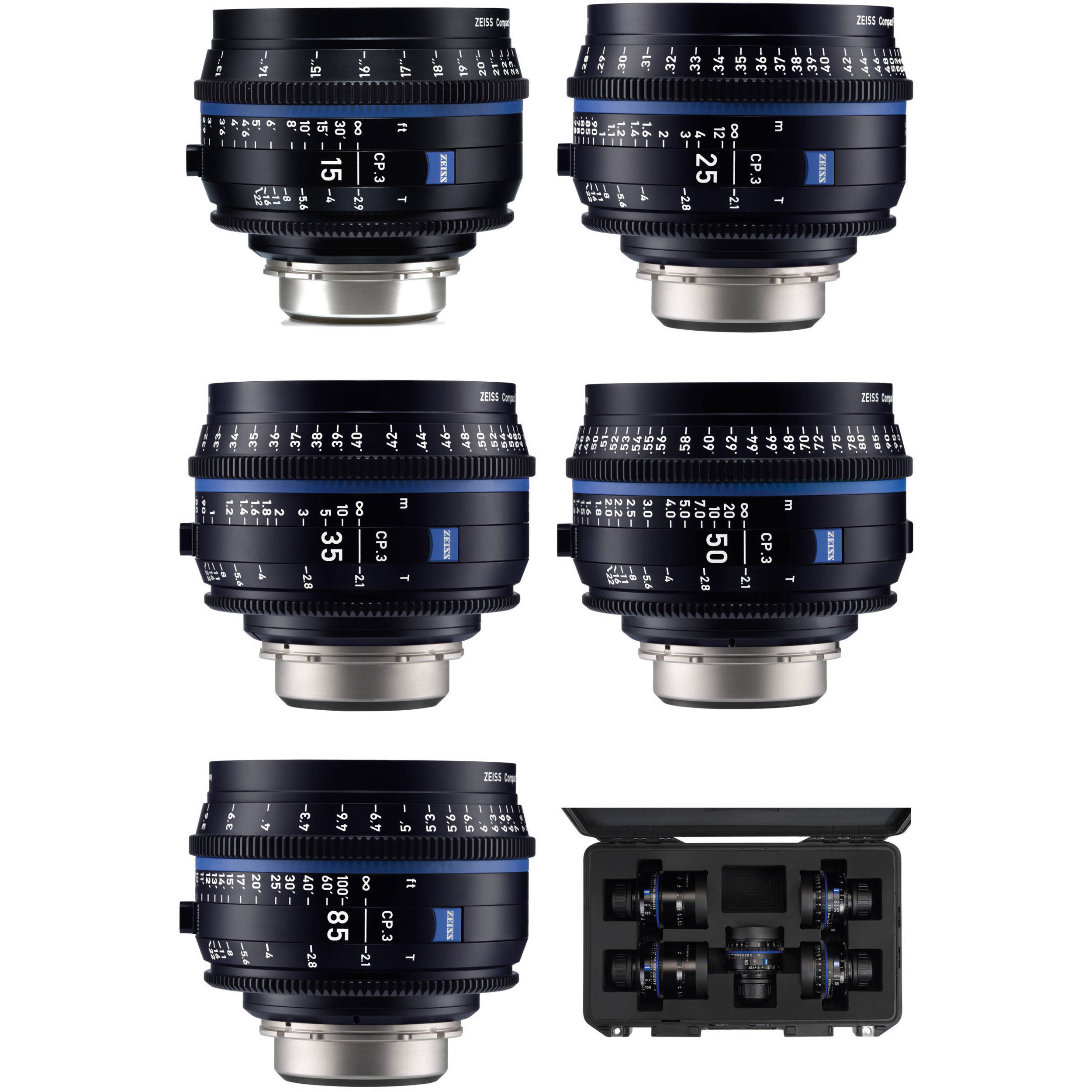 Kit de Lentes Zeiss CP.3 (15mm T2.9, 25mm T2.1, 35mm T2.1, 50mm T2