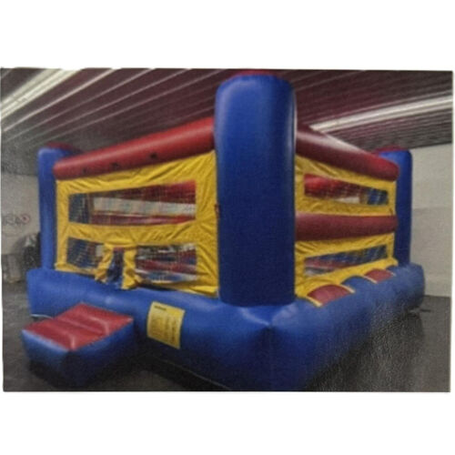 Colorful inflatable bounce slide on a grassy yard beside a brick house under a cloudy sky