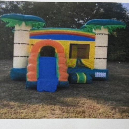 Colorful inflatable bounce slide on a grassy yard beside a brick house under a cloudy sky