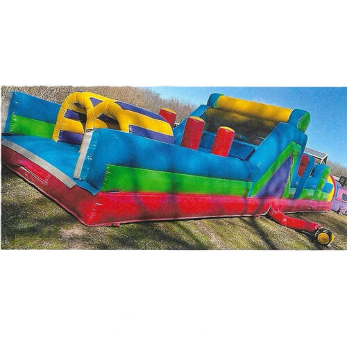 Colorful inflatable bounce slide on a grassy yard beside a brick house under a cloudy sky