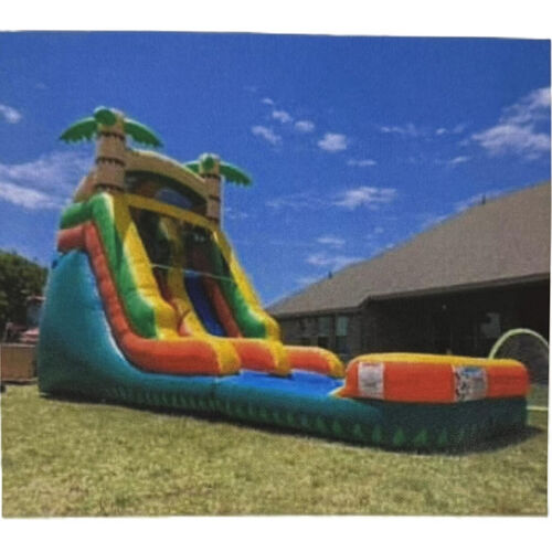 Colorful inflatable bounce slide on a grassy yard beside a brick house under a cloudy sky