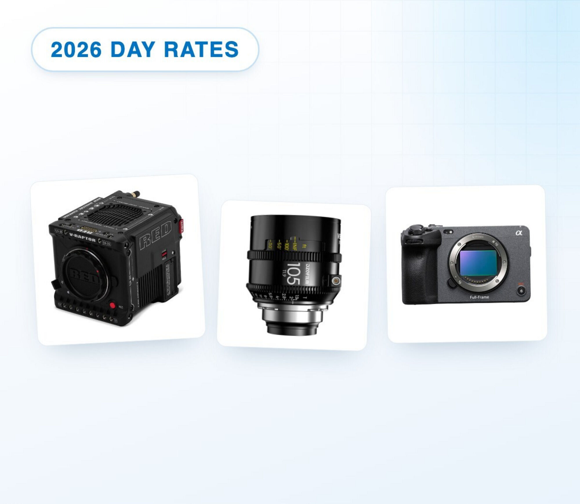 Camera rental day rates in Toronto: RED cinema camera, cine lens, and Sony FX3