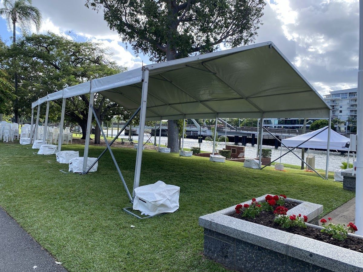 Adept Hire marquee installed on the lawn at Newstead Park in Brisbane, ready for an outdoor event