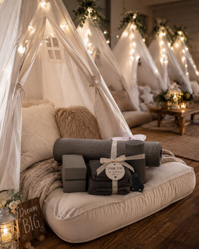 Lil’ Yogis elevation setup for a Posh & Pop sleepover