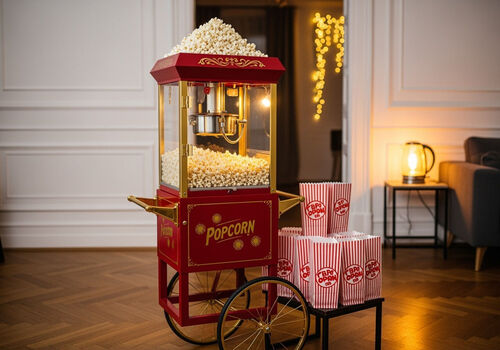 Vintage popcorn cart setup for a Posh & Pop party